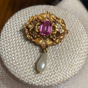 Gold-Tone Pink Glass Pendant Brooch with Pearl Drop